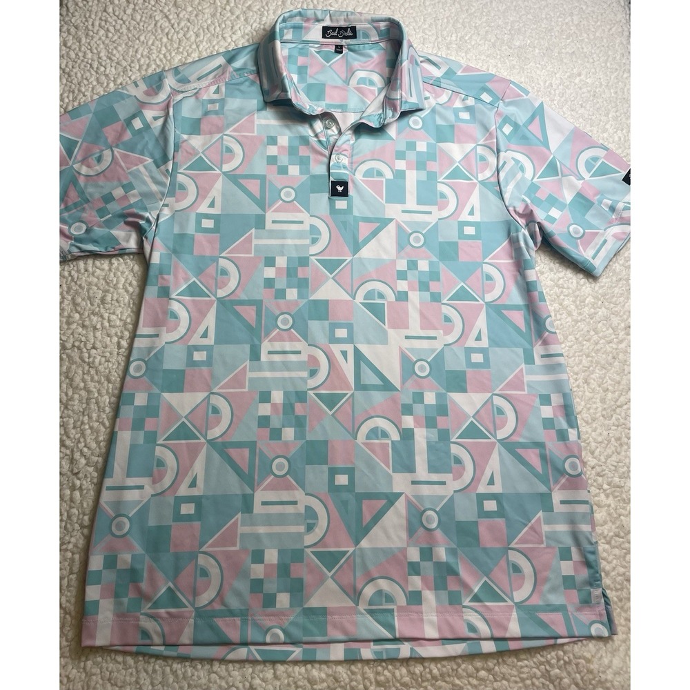 Bad Birdie Polo Shirt Mens Large White Geometrics Pastel Arrowhead Golf Logo